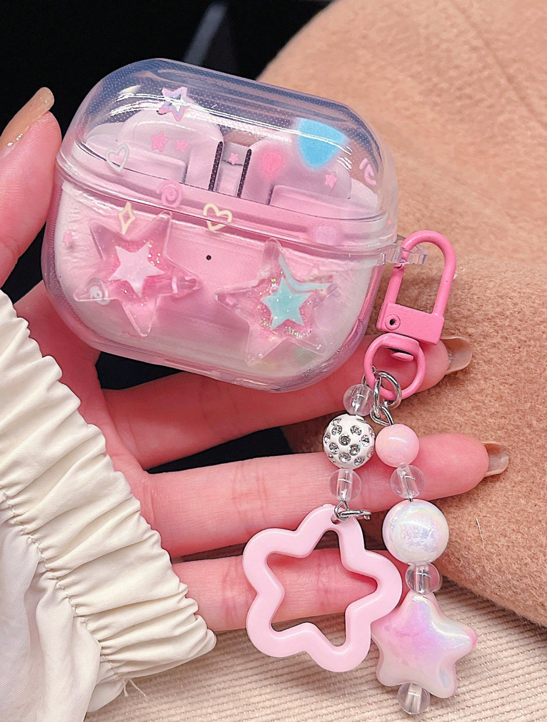 Funda Buds2 Pro Transparente Estrellas Brillantina Llavero