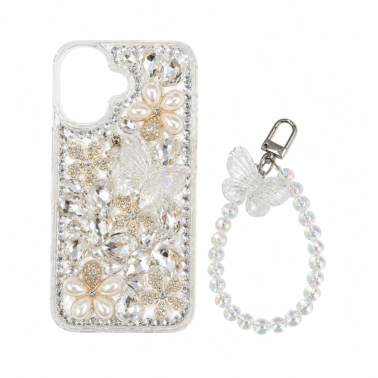 Funda Crystal 3D Mariposa y Perlas con Pulsera iPhone 17