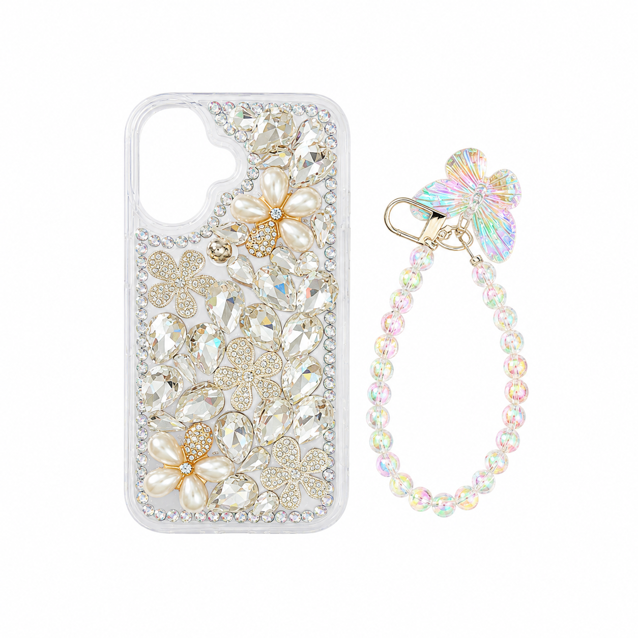 Funda Cristales Flores Perlas Pulsera Mariposa iPhone 16