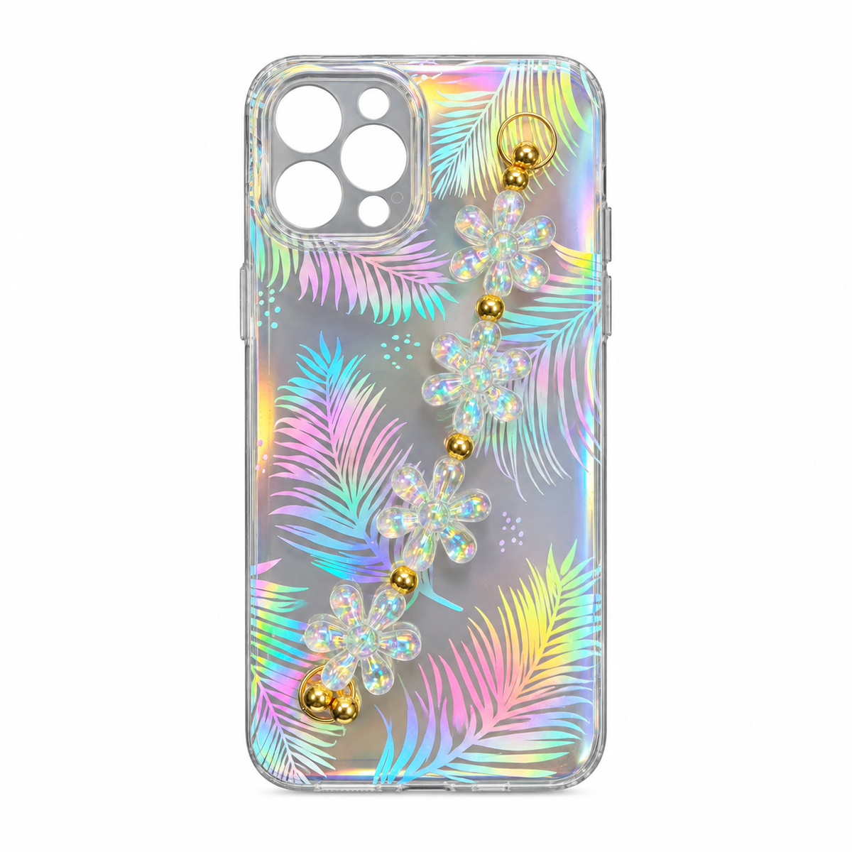 Funda Holográfica Hojas Tropicales Pulsera Flores iPhone 14 Plus 15 Plus