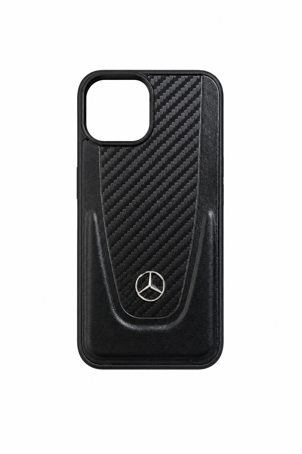 Funda de Fibra de Carbono y Piel con Emblema Metálico para iPhone 13 / 14 / 15