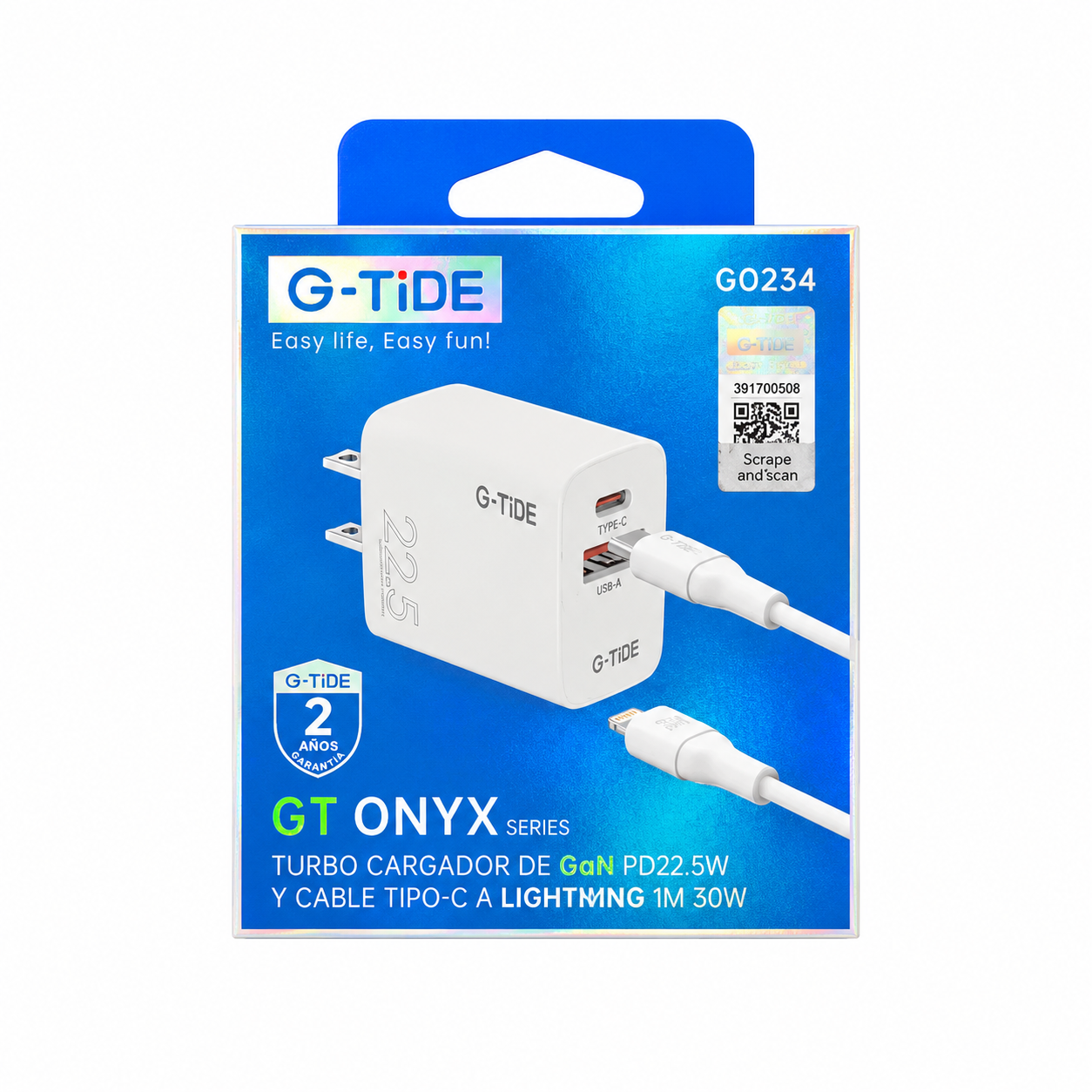 Kit G-TiDE GaN 22.5W Doble Puerto + Cable C Lightning 30W