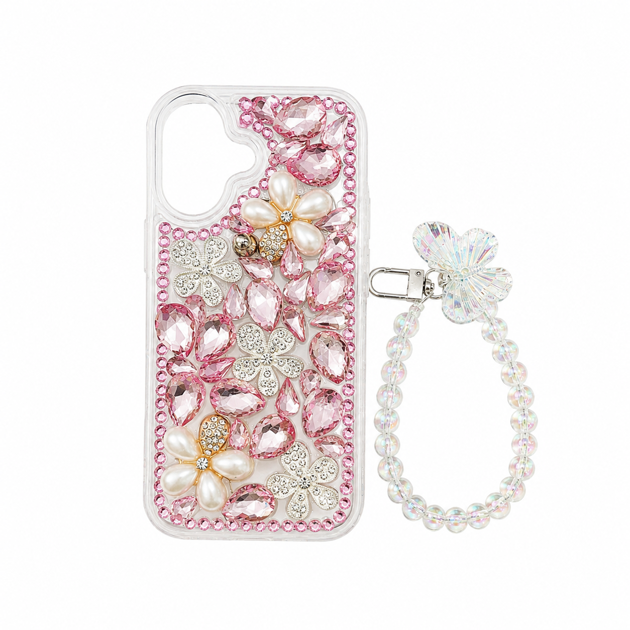 Funda Crystal 3D Mariposa y Perlas con Pulsera iPhone 17