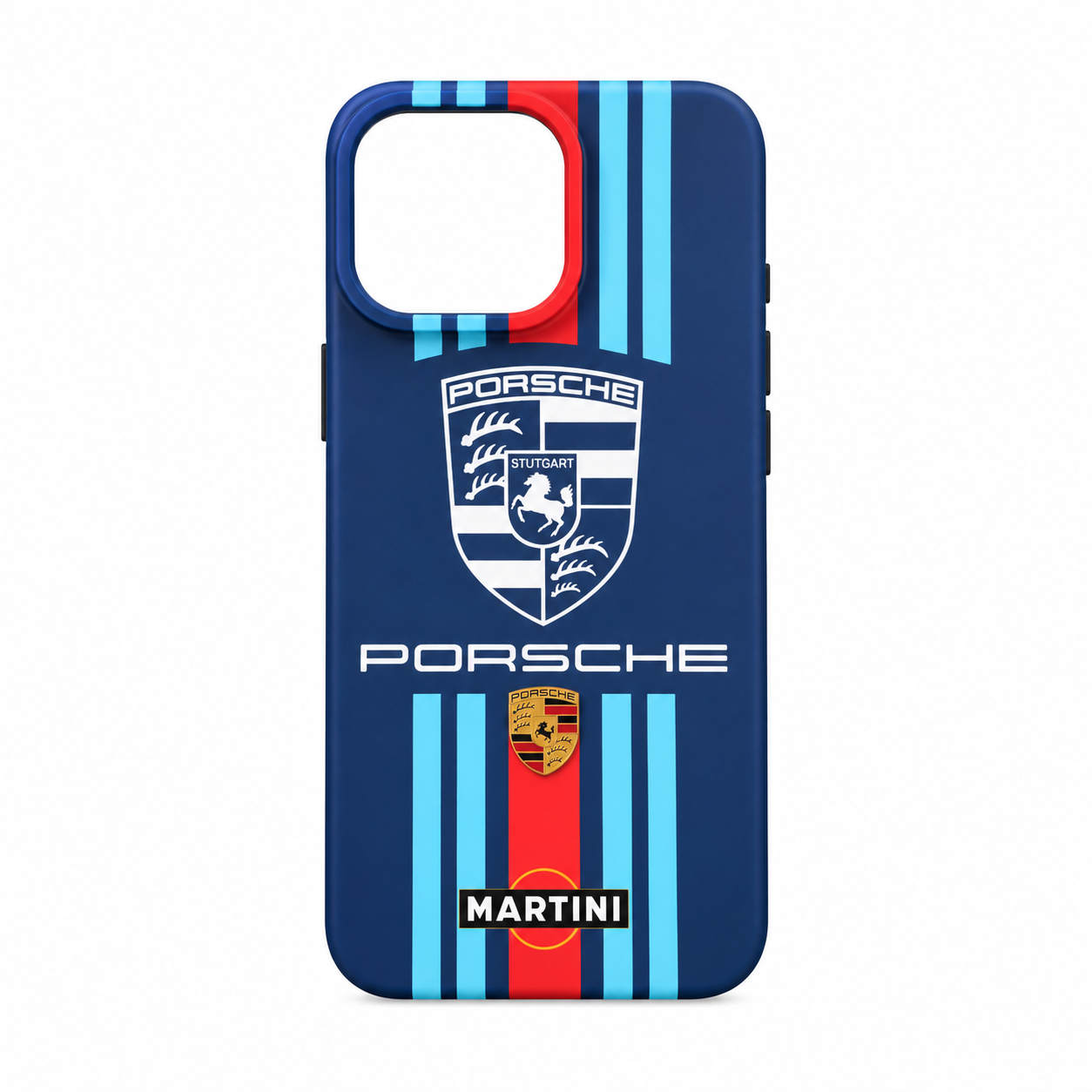Funda Racing Rayas Azul Rojo Escudo Deportivo iPhone 16 Pro Max