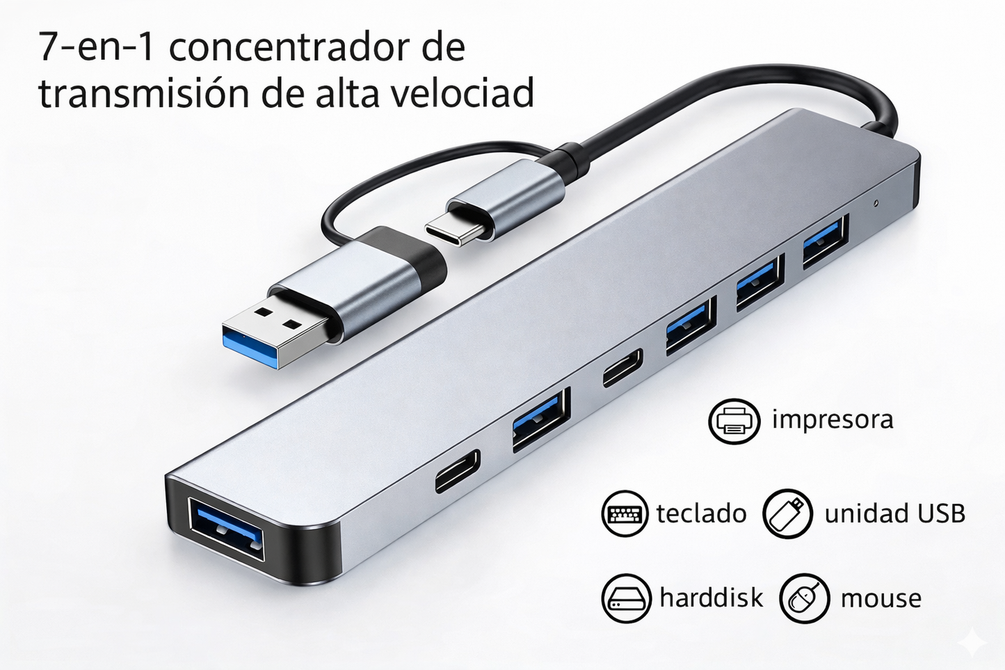Adaptador Hub 7 en 1 USB y Type-C de Alta Velocidad
