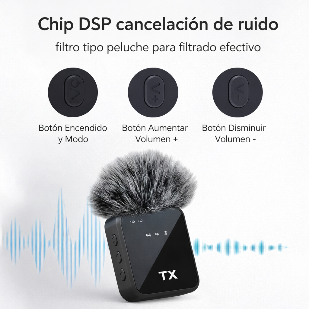 Micrófono Inalámbrico 3 en 1 con Cancelación de Ruido DSP