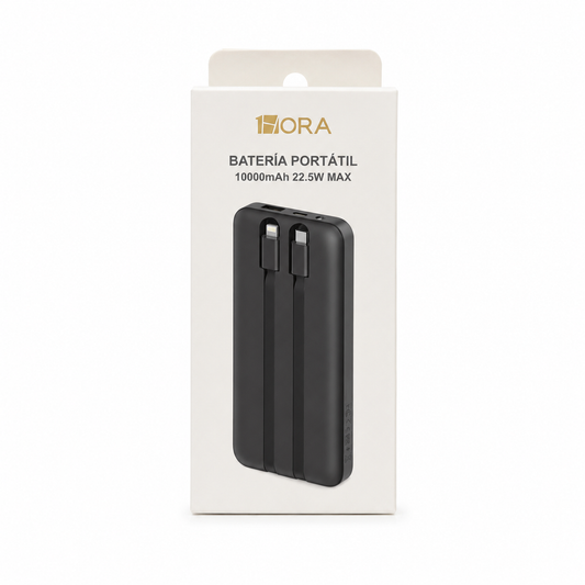 Batería Portátil 10000mAh 22.5W Cables Integrados 1HORA