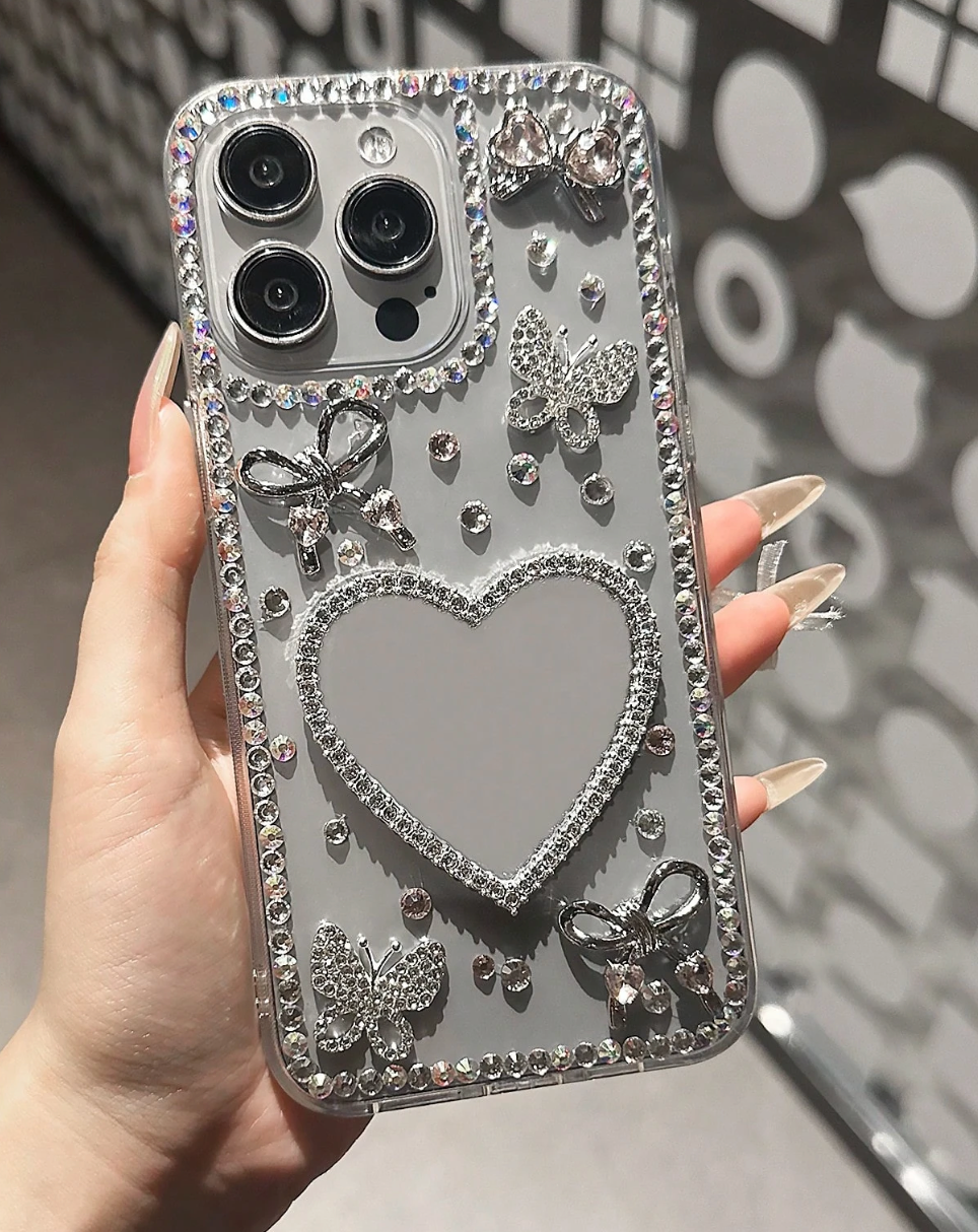 Funda Espejo Corazón Cristales Mariposa para S23 Ultra