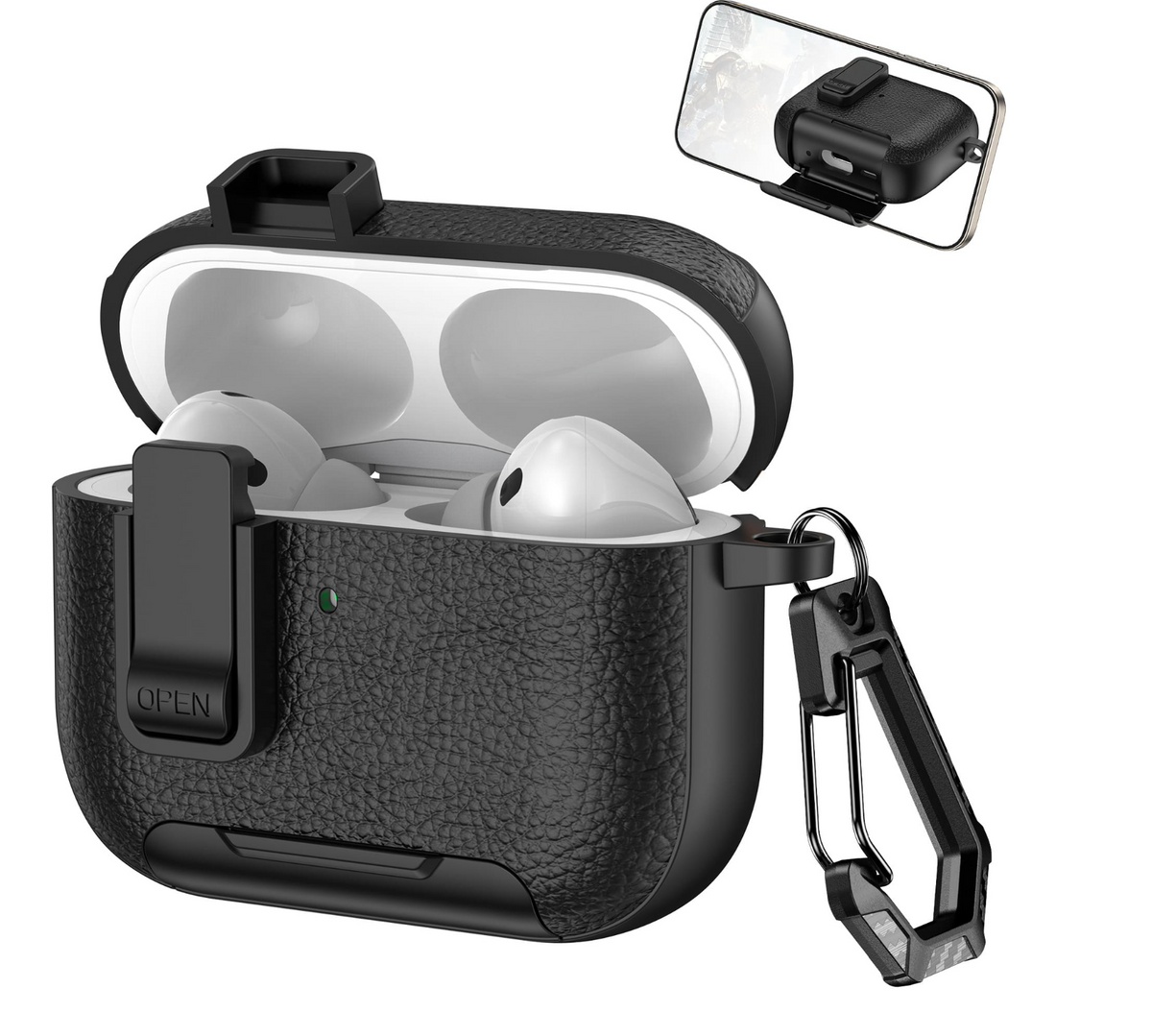 Funda AirPods 4 Antigolpes Piel con Clip y Mosquetón
