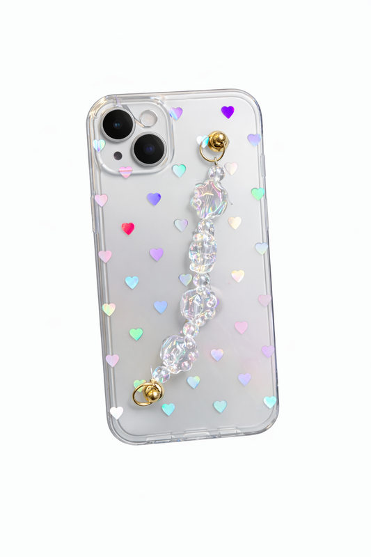 Funda Holographic Hearts con Beaded Strap para iPhone 14 Plus - 15 Plus