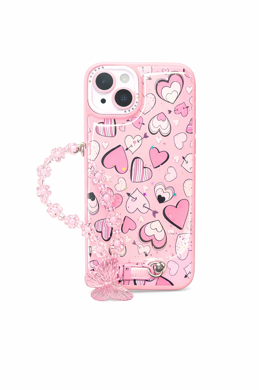 Funda Aesthetic Heart Pattern con Strap de Flores para iPhone 14 Plus - 15 Plus