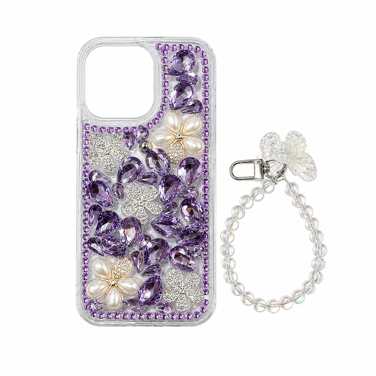 Funda Brillos Cristales y Flores iPhone 16 Pro Max con Pulsera