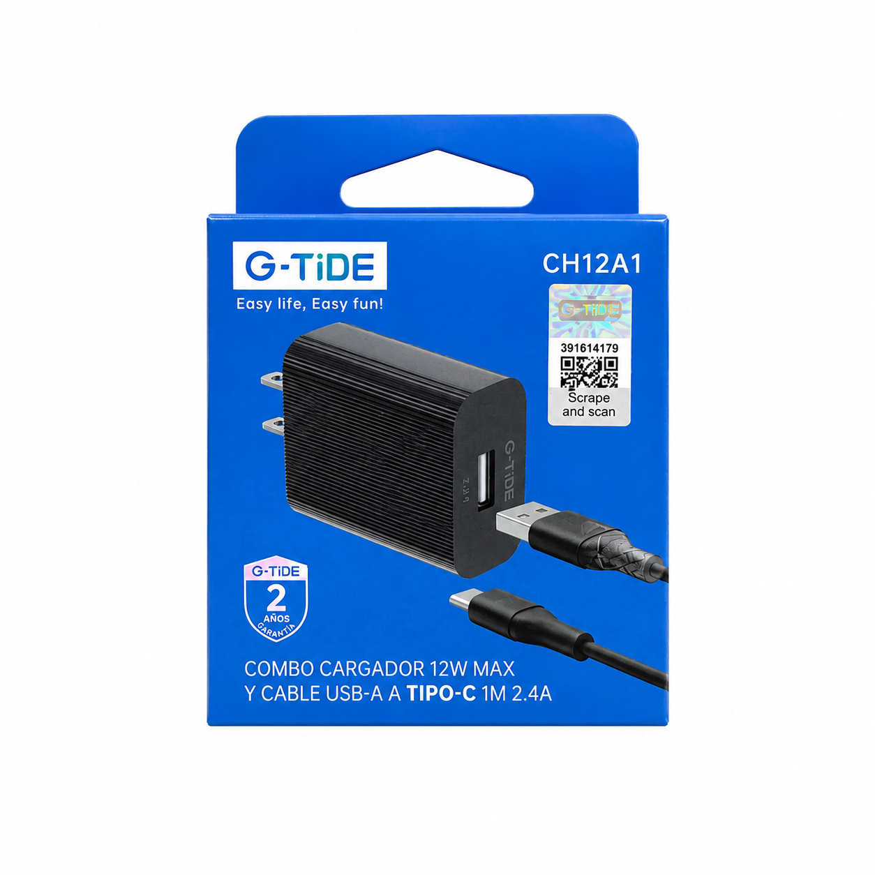 Kit G-TiDE 12W USB-A + Cable Tipo C 2.4A 1M CH12A1