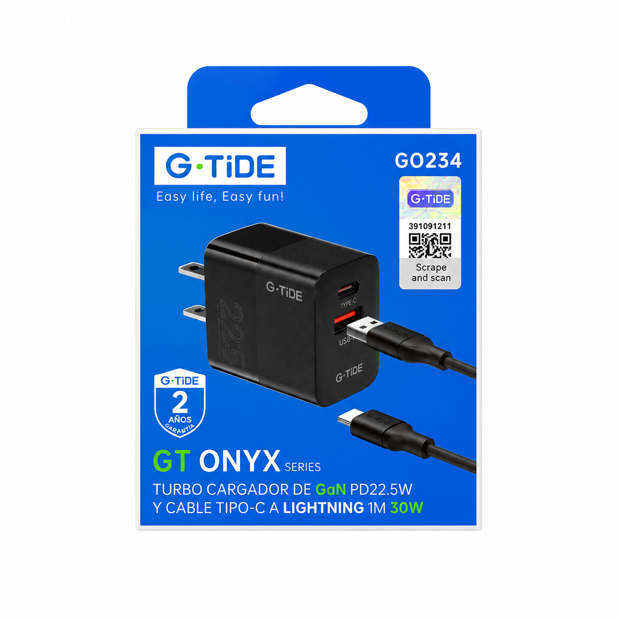 Kit G-TiDE GaN 22.5W Doble Puerto + Cable C Lightning 30W