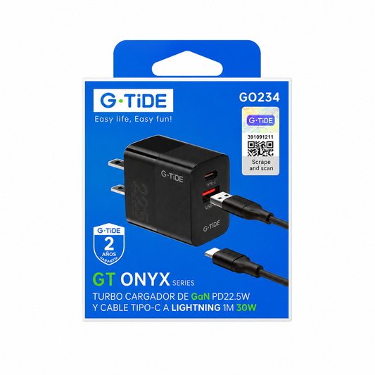 Kit G-TiDE GaN 22.5W Doble Puerto + Cable C Lightning 30W