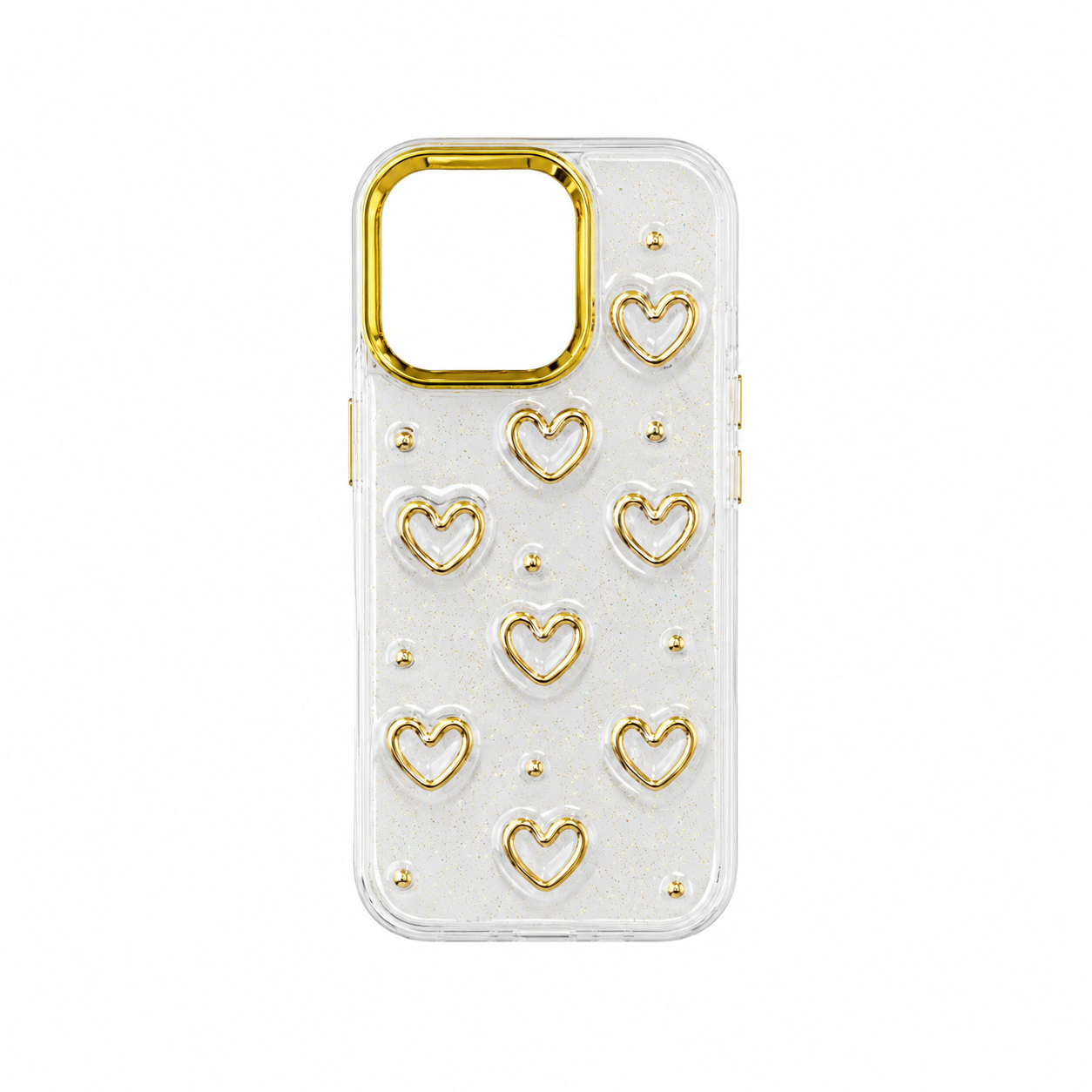 Funda Corazones 3D Dorados Glitter Cámara Oro iPhone 16 Pro
