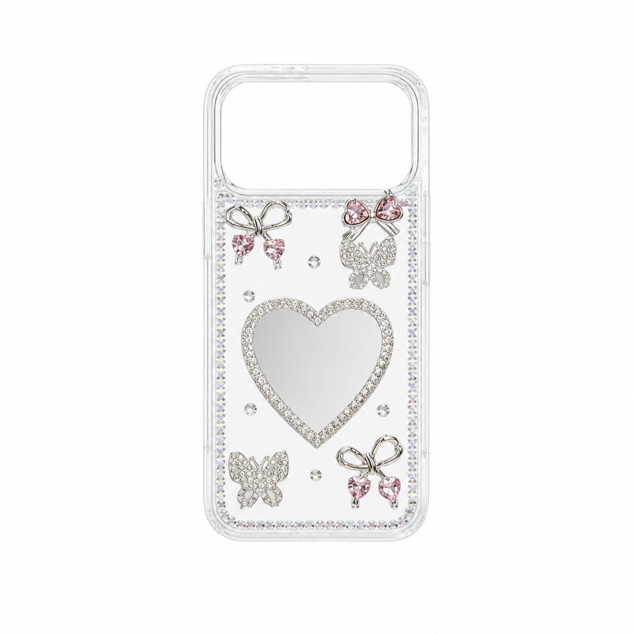 Funda Espejo Corazón Cristales Mariposas 3D iPhone 17 Pro Max