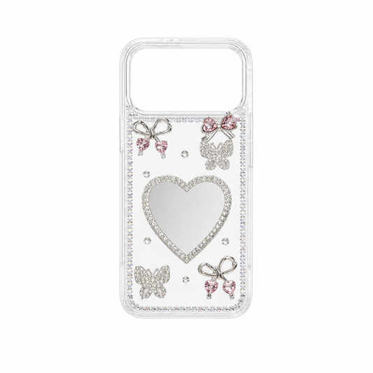 Funda Espejo Corazón Cristales Mariposas 3D iPhone 17 Pro Max