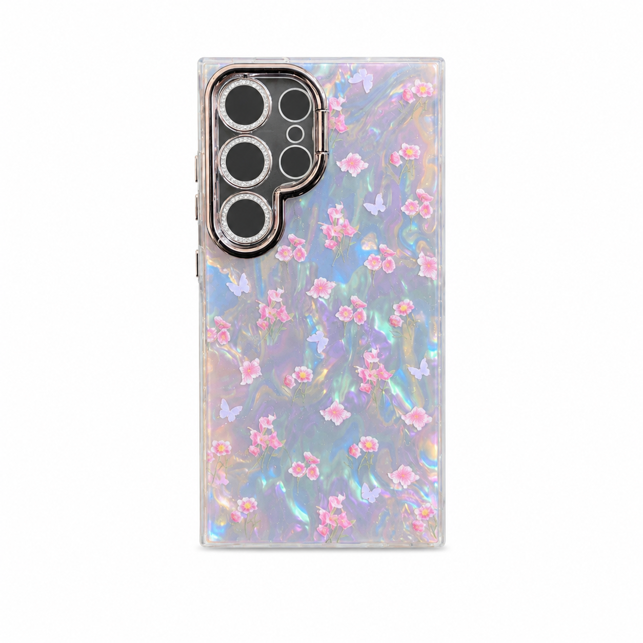 Funda Holográfica Flores Mariposas Cristales para S24 Ultra