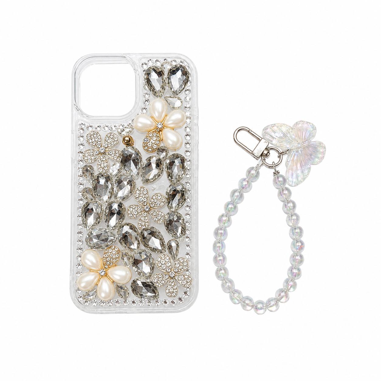 Funda Joya Cristales Flores Perlas Pulsera iPhone 13 - 14 - 15