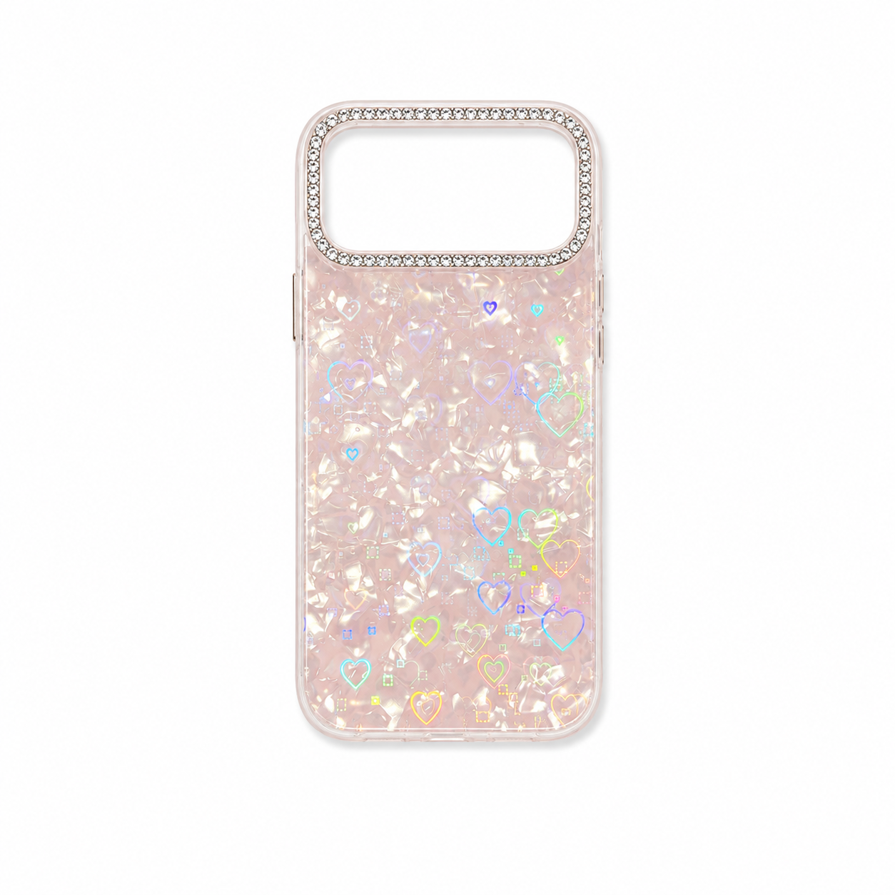 Funda Nácar Holográfica Corazones Cámara iPhone 17 Pro Max
