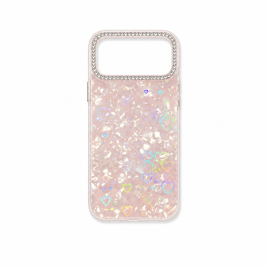 Funda Nácar Holográfica Corazones Cámara iPhone 17 Pro Max