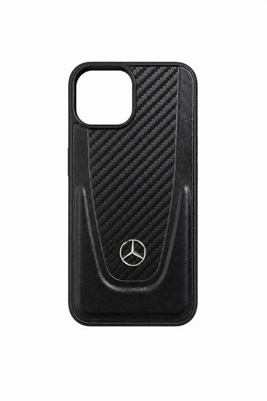 Funda de Fibra de Carbono y Piel con Emblema Metálico para iPhone 13 / 14 / 15