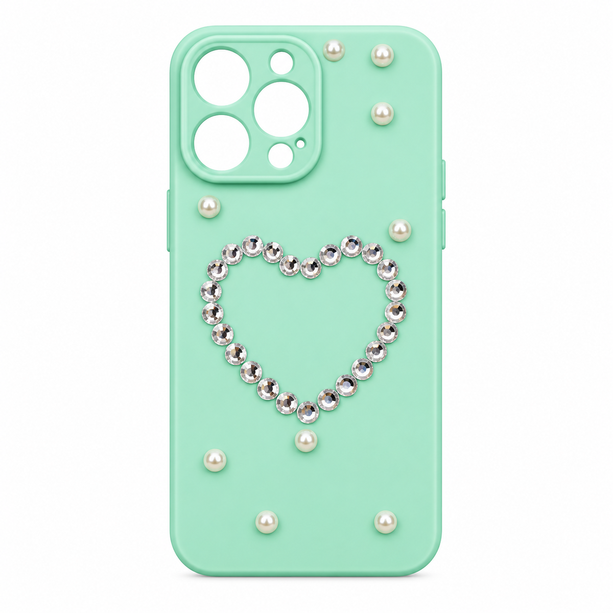 Funda Verde Menta Corazón Cristales y Perlas iPhone 14 Pro Max