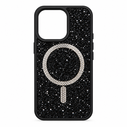 Funda Glitter Negra Anillo Cristales Magnética iPhone 14 Pro