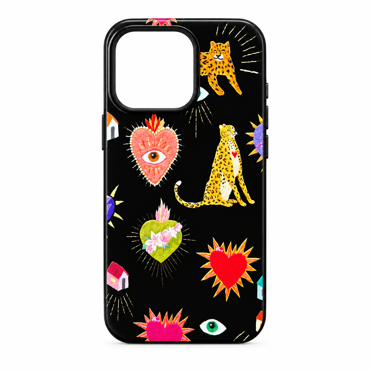 Funda Corazones Sagrados y Leopardos Bordado iPhone 15 Pro