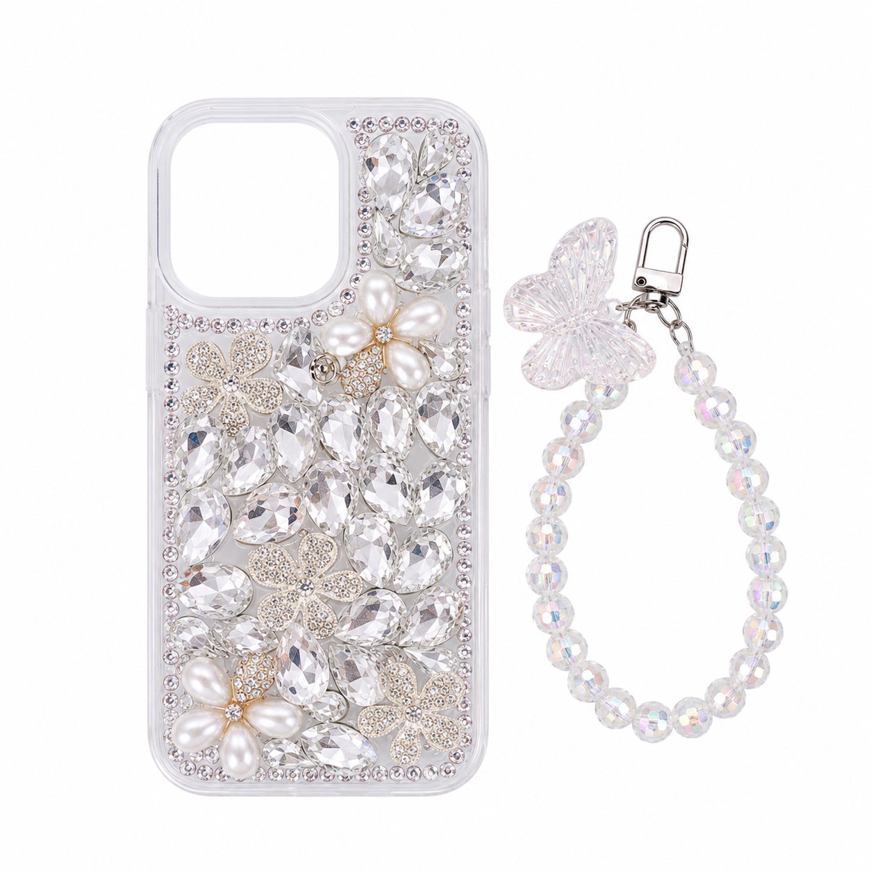 Funda Brillos Cristales y Flores iPhone 16 Pro Max con Pulsera