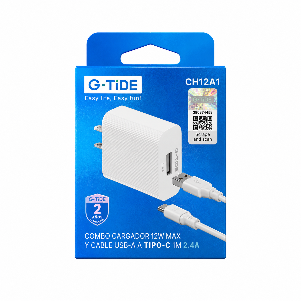 Kit G-TiDE 12W USB-A + Cable Tipo C 2.4A 1M CH12A1