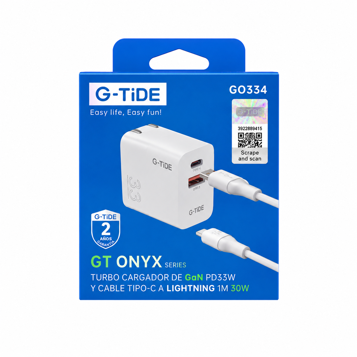 Kit G-TiDE GaN 33W PD+QC3 + Cable C a Lightning 30W GO334
