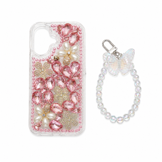 Funda Cristales Flores Perlas Pulsera Mariposa iPhone 16