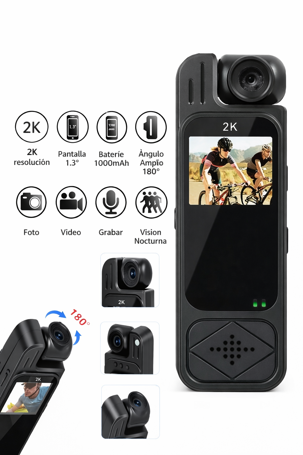Cámara Portátil 2K con Visión Nocturna y Lente Giratorio 180°