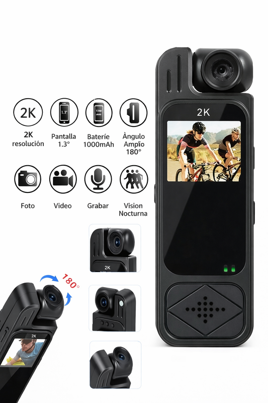 Cámara Portátil 2K con Visión Nocturna y Lente Giratorio 180°