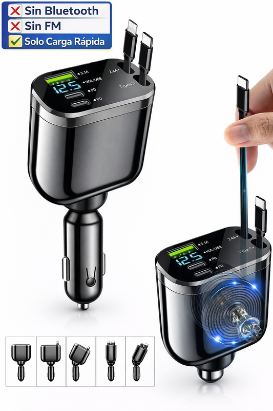 Cargador para Auto 66W con Cables Retráctiles y Carga Rápida Universal