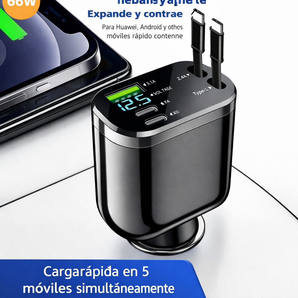 Cargador para Auto 66W con Cables Retráctiles y Carga Rápida Universal
