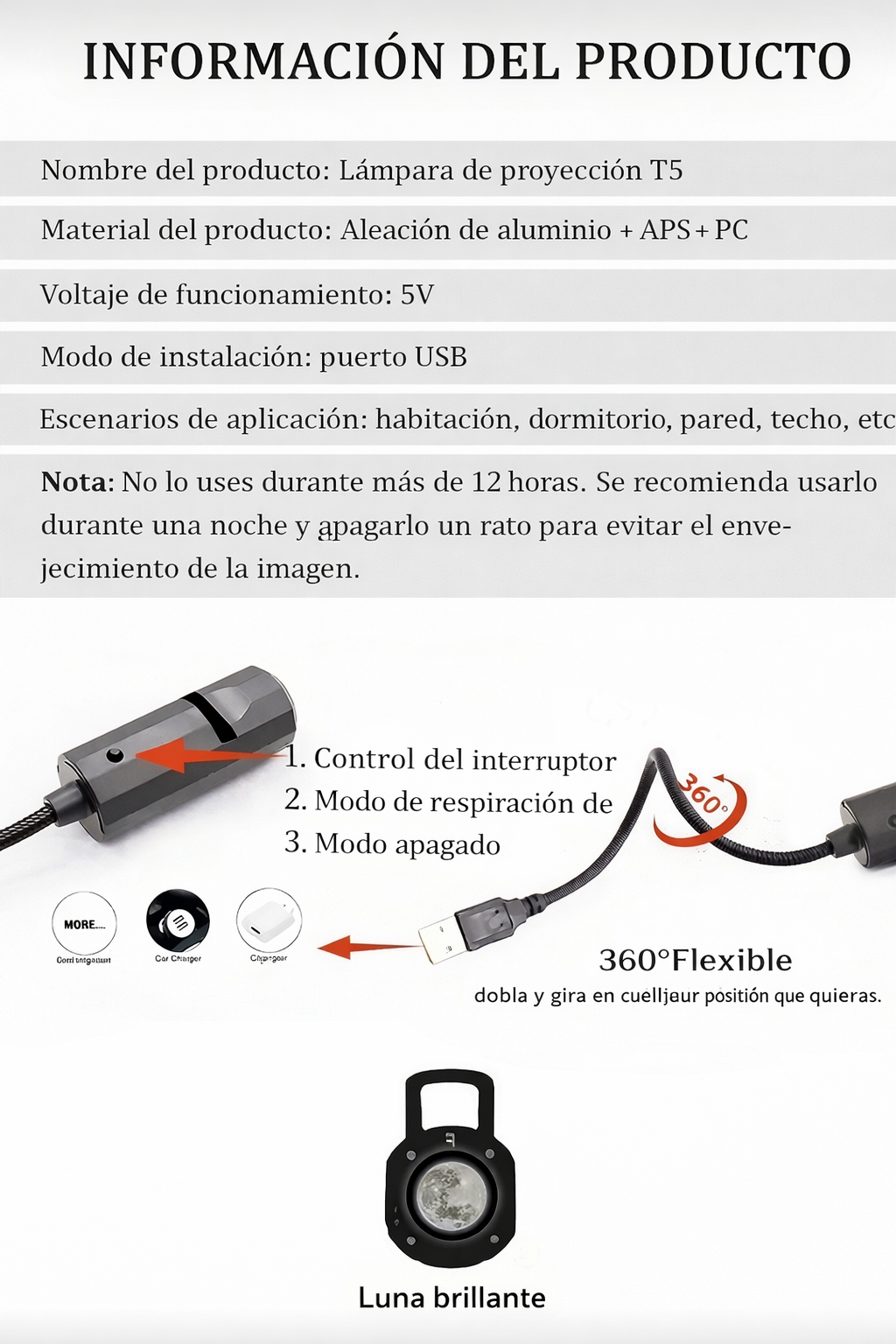 Proyector de Luna LED USB Giratorio 360° Decorativo