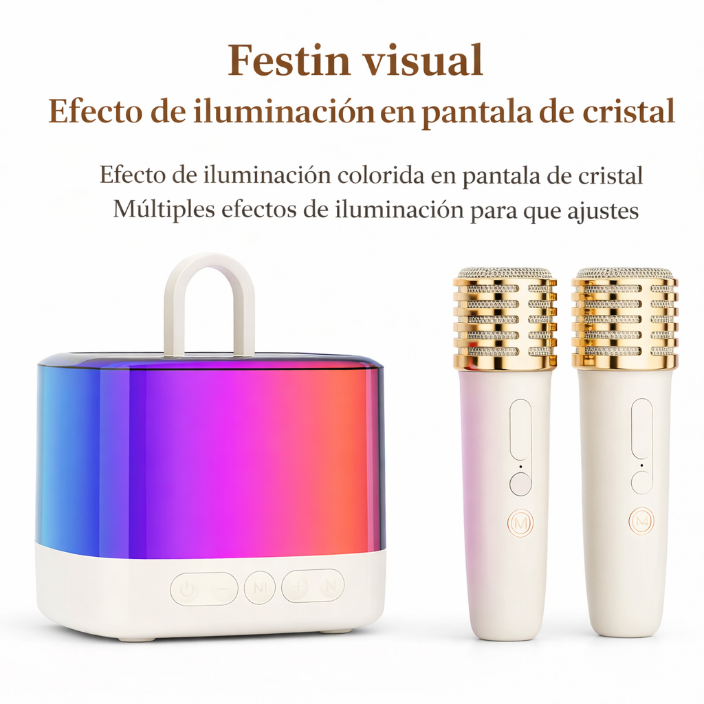 Sistema de Karaoke Dual Crystal RGB – Bocina Bluetooth Hi-Fi con 2 Micrófonos Inalámbricos Pro