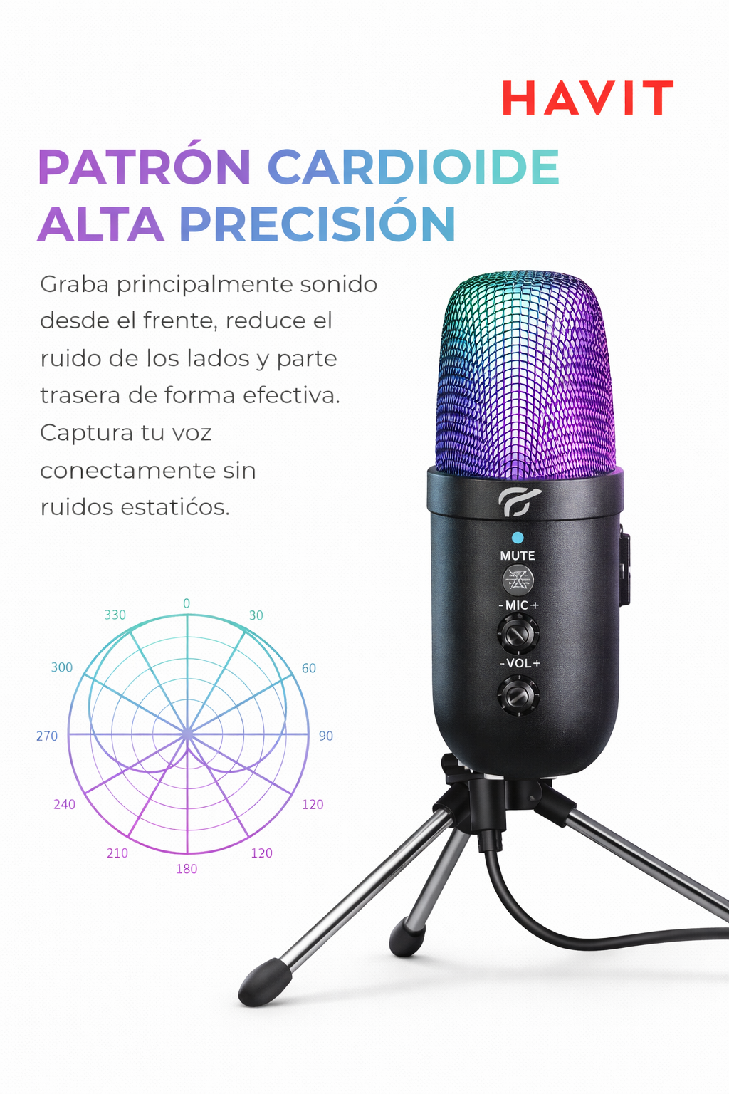 Micrófono de Condensador Gamer Havit GK51 RGB – Calidad de Estudio para Streaming, Podcasts y Home Office