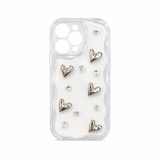 Funda Corazones 3D Metálicos Cristales iPhone 14 Pro Max