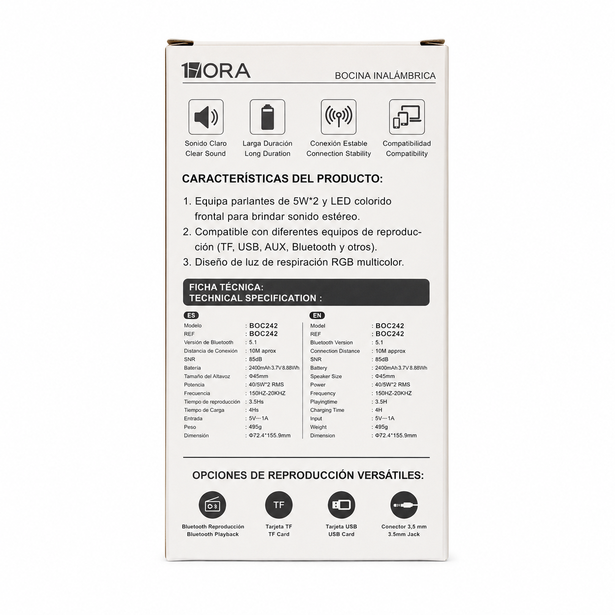 Bocina Bluetooth 1HORA RGB LED 10W TF USB AUX BOC242
